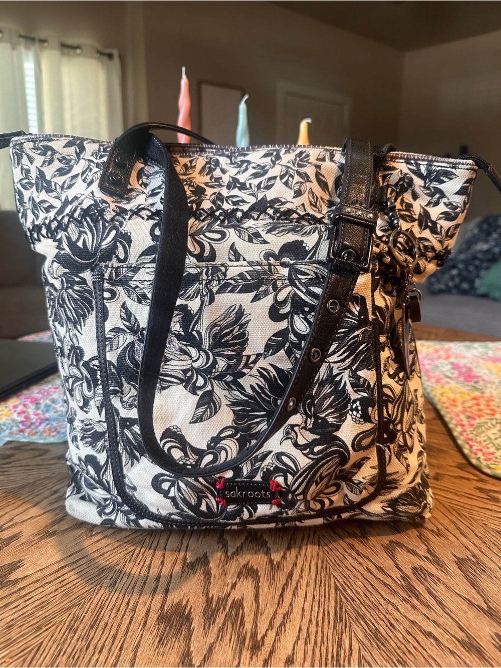 Sakroots Black & White Floral Canvas Metro Tote Bag